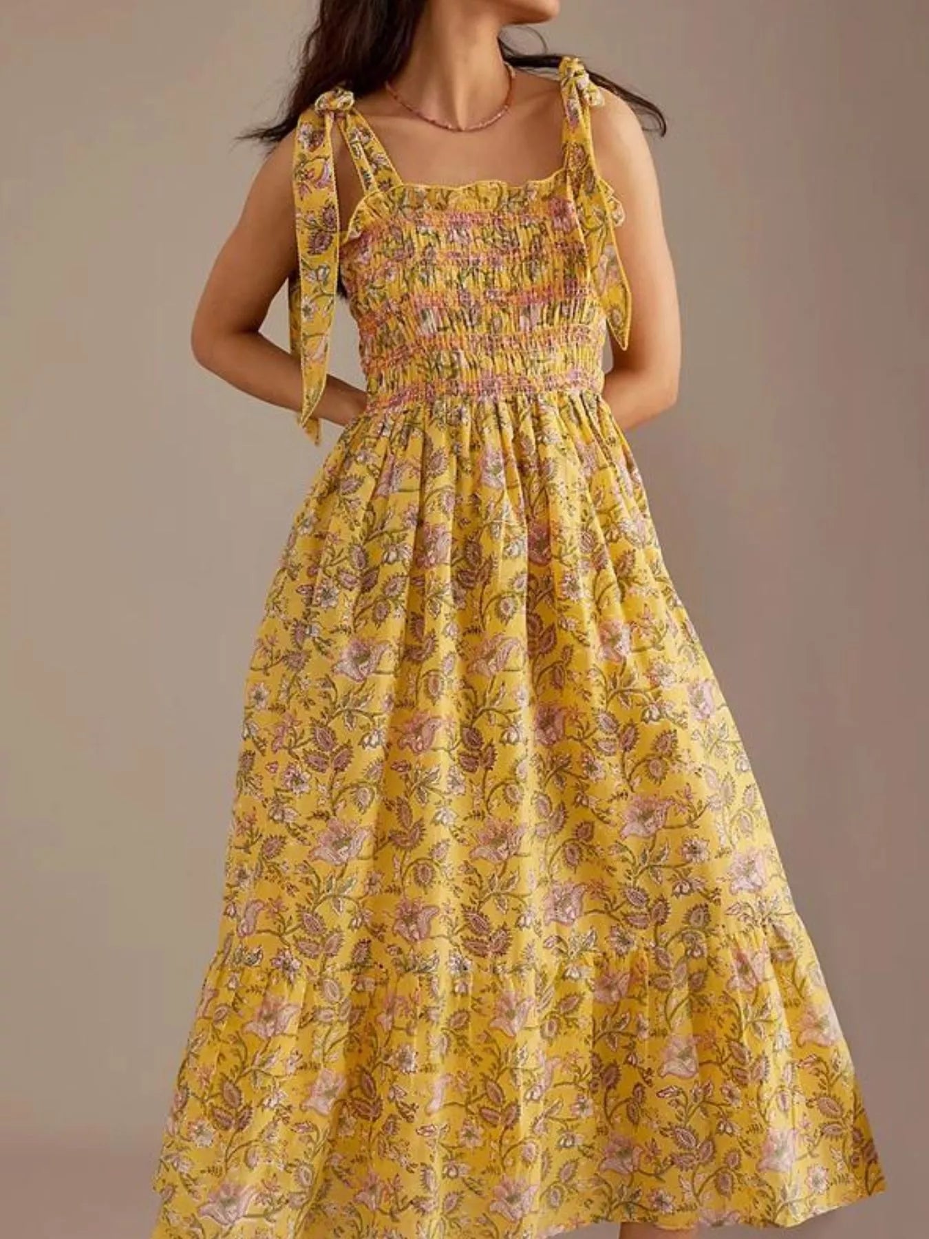 Floral Smocked Tie-Shoulder Midi Dress