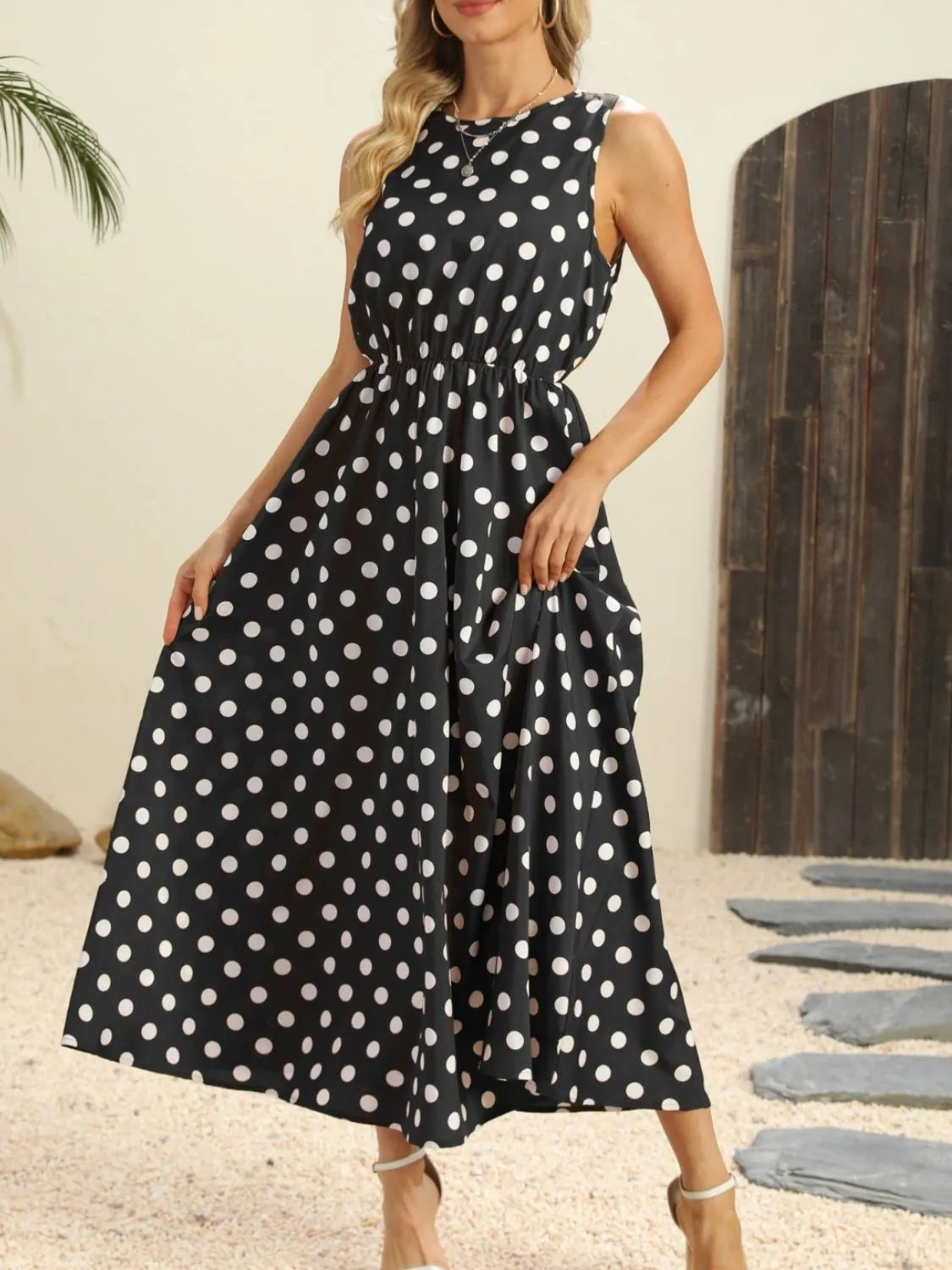 Polka Dot Round Neck Sleeveless Midi Dress