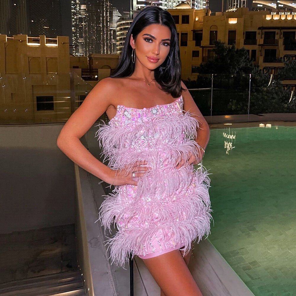 Reinna Strapless Sequin Feather Birthday Party Dress