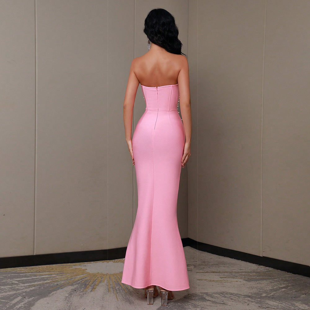 Chic Occasional Event Beaded Maxi Bandage Dress-Pink