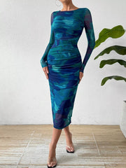 Watercolor Print Mesh Bodycon Midi Dress
