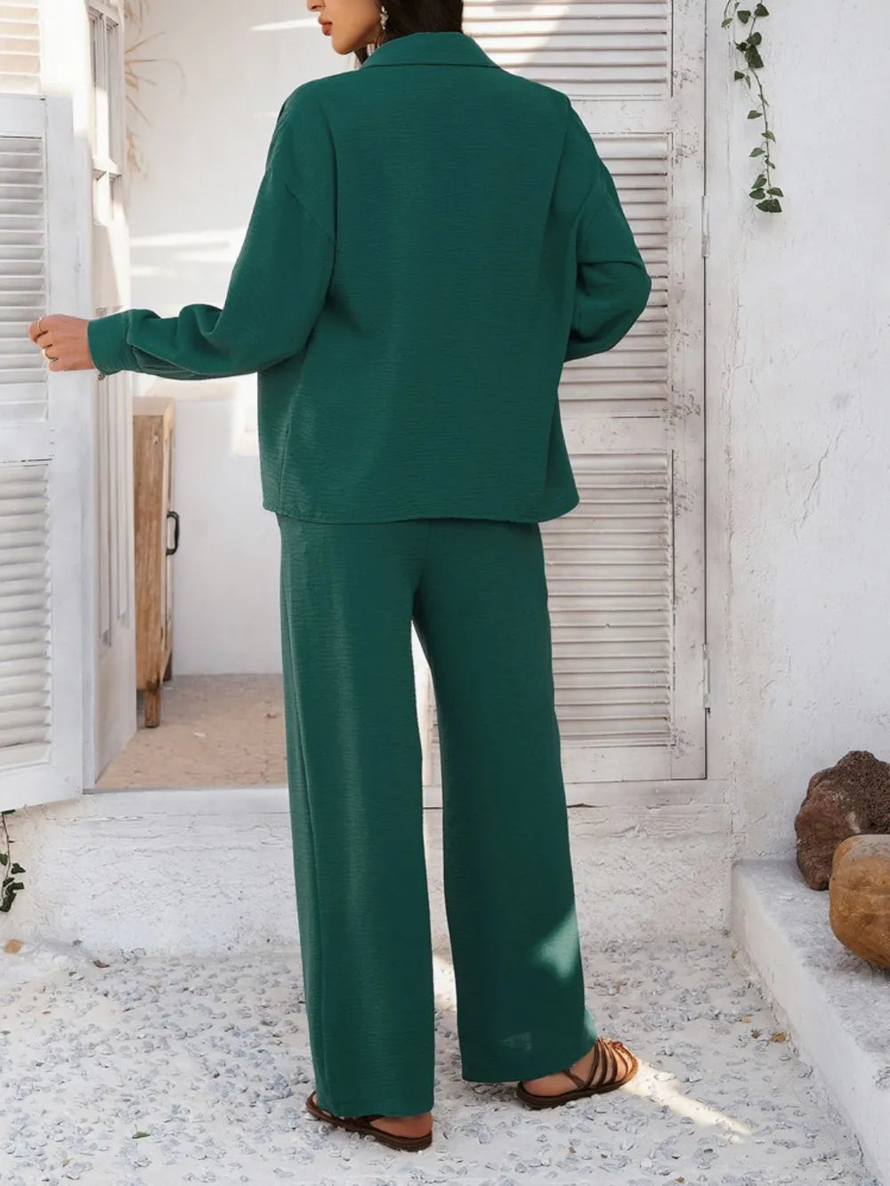 Devine Collared Neck Long Sleeve Top and Pants Set