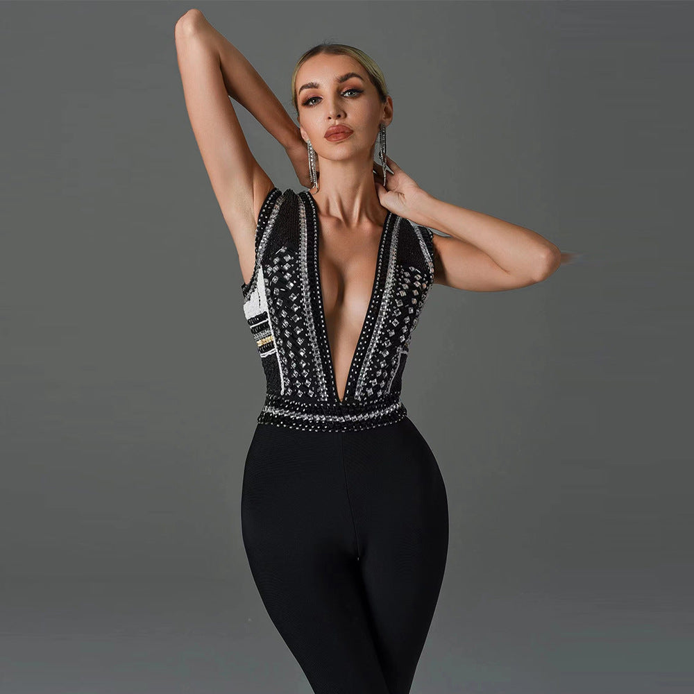Beaded Slim-fit Sleeveless Bandage Jumpsuit Dress