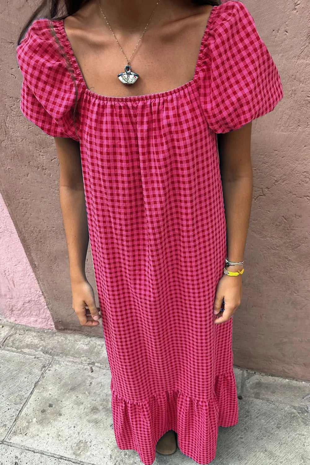 SYNZ Gingham Check Bubble Sleeve Ruffled Maxi Dress