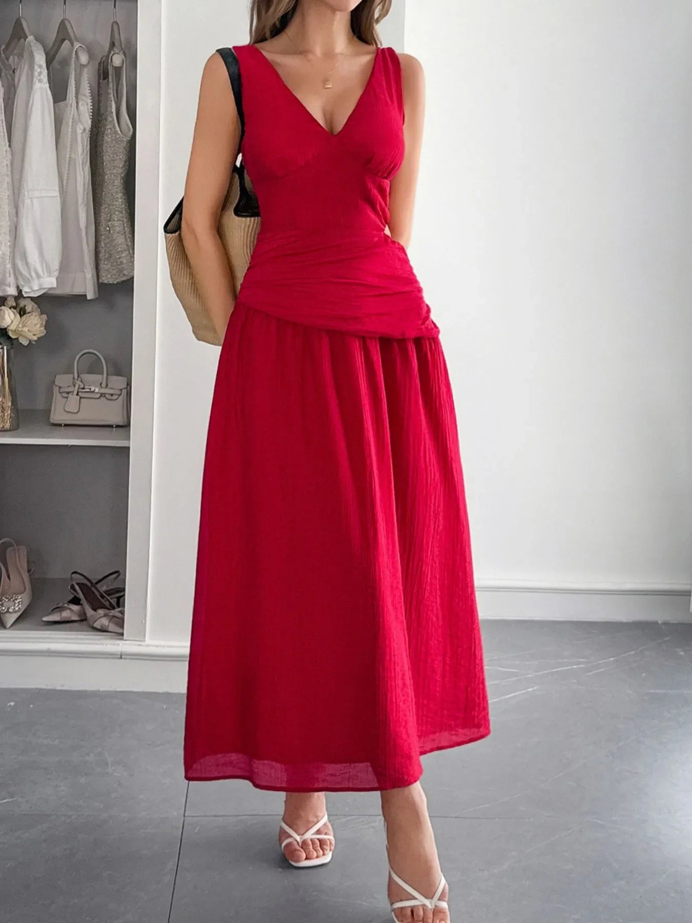 Cutout V-Neck Sleeveless Midi Dress