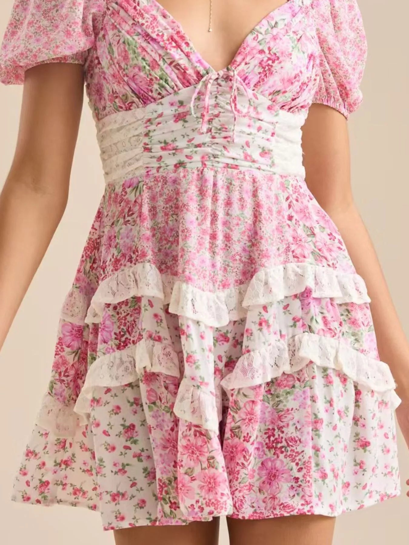 Floral Puff Sleeve Tiered Mini Dress