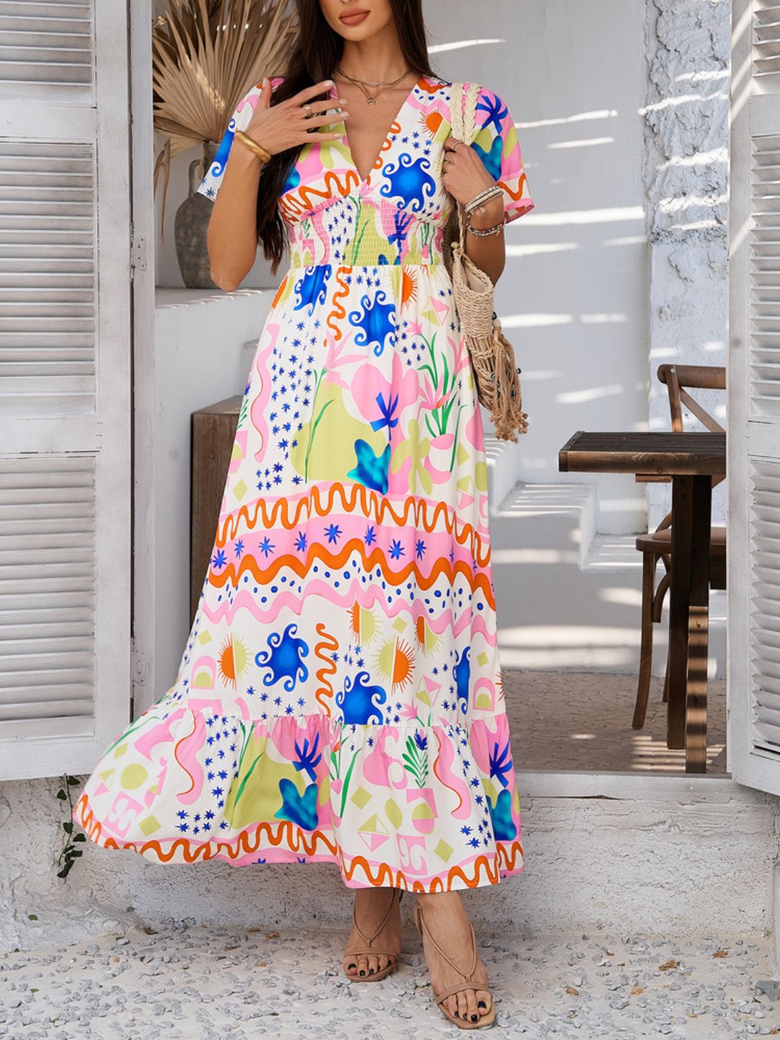 Devine Smocked Printed V-Neck Short Sleeve Maxi Dress