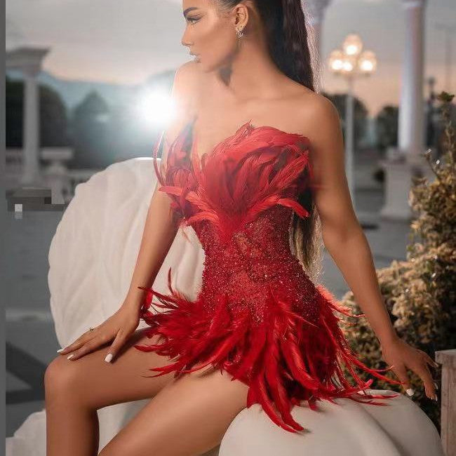 Red Paillette Feather Exclusive Dress