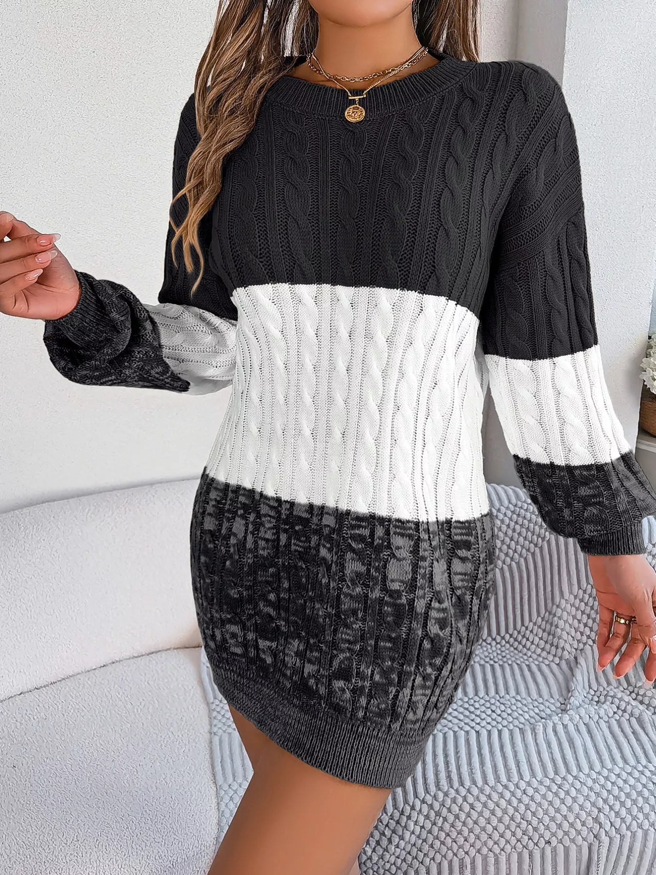 Color Block Cable Knit Sweater Dress with Textured Pattern