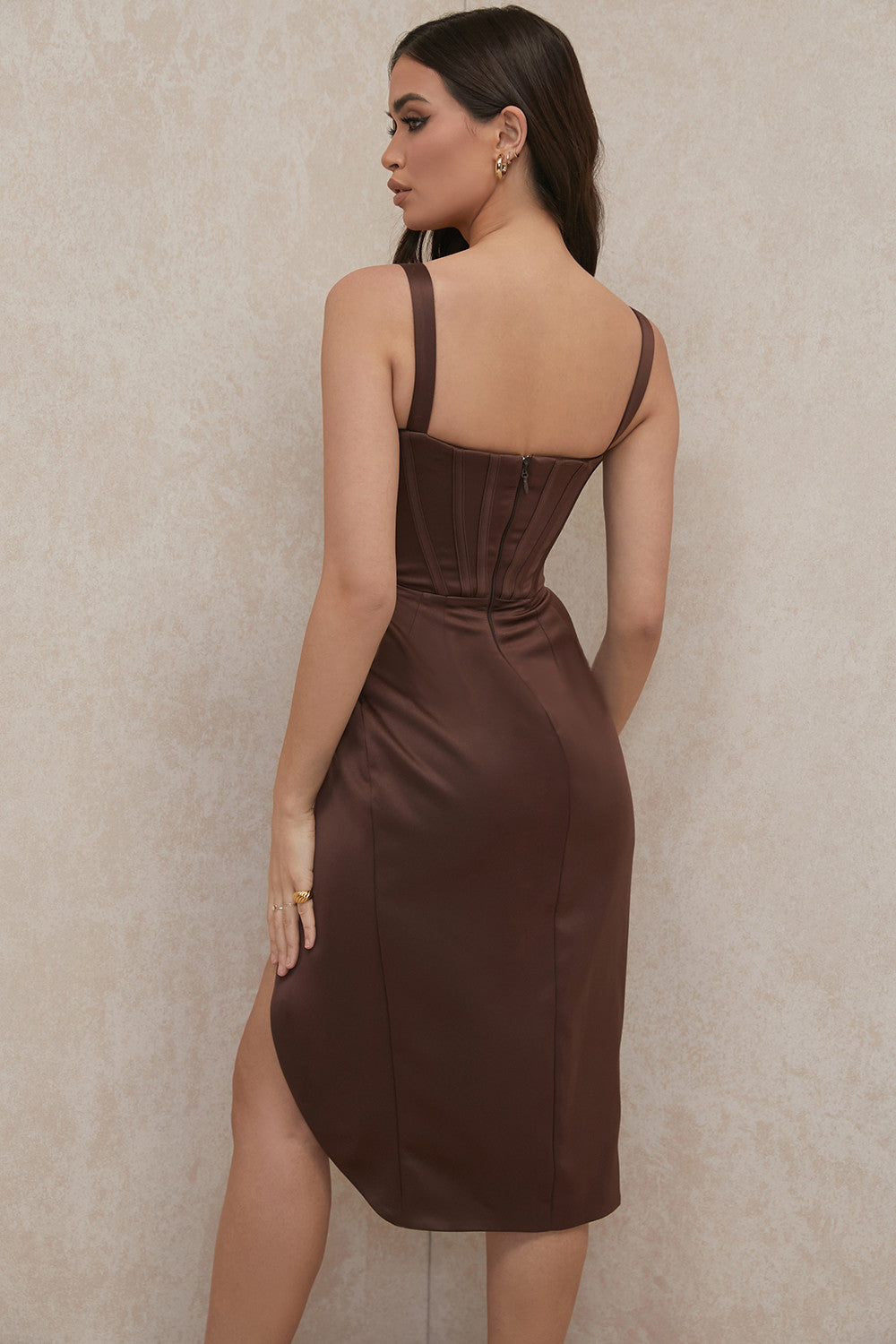 ALYIA IVORY SATIN CORSET MIDI DRESS-BROWN