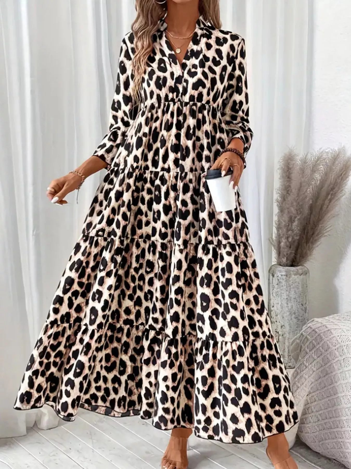 Leopard 3/4 Sleeve Midi Dress