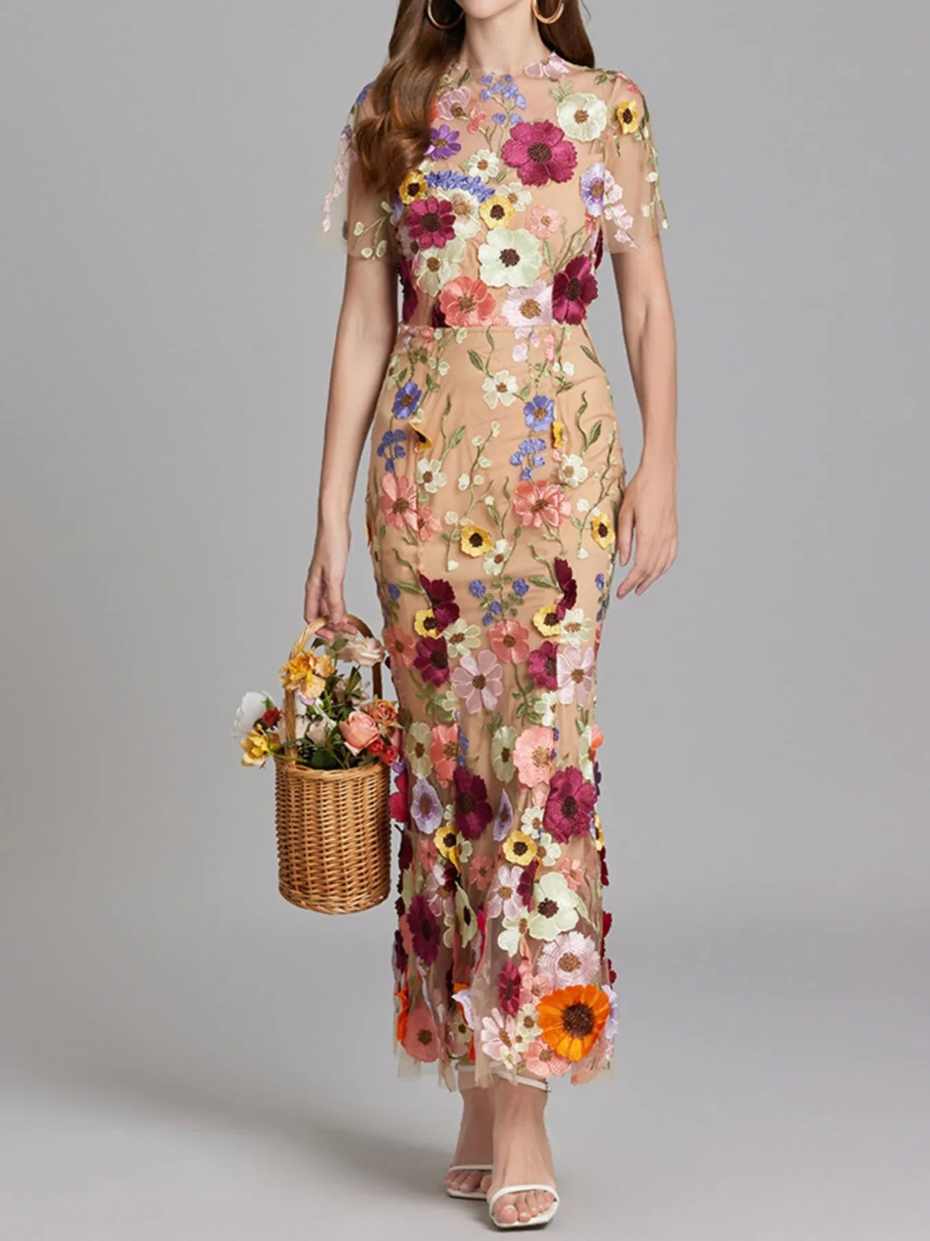 Floral Embroidered Mesh Overlay Maxi Dress