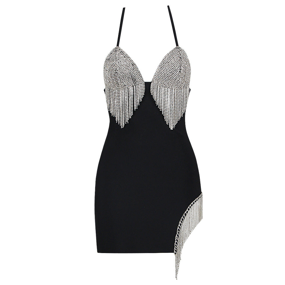 Chic Halter Neck Dress With Crystal Fringe-party Wear