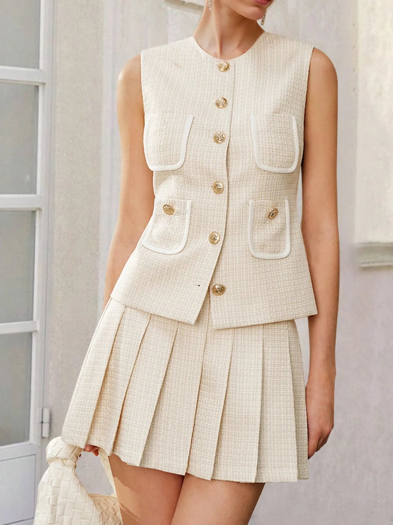 Tweed Button-Front Vest and Pleated Skirt Set
