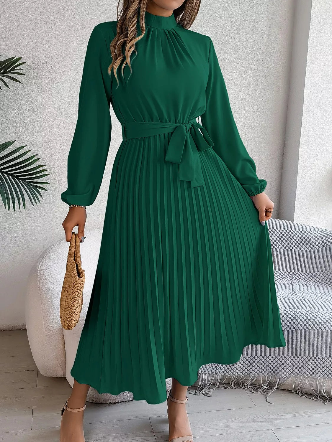 Mock Neck Pleated Midi Dress