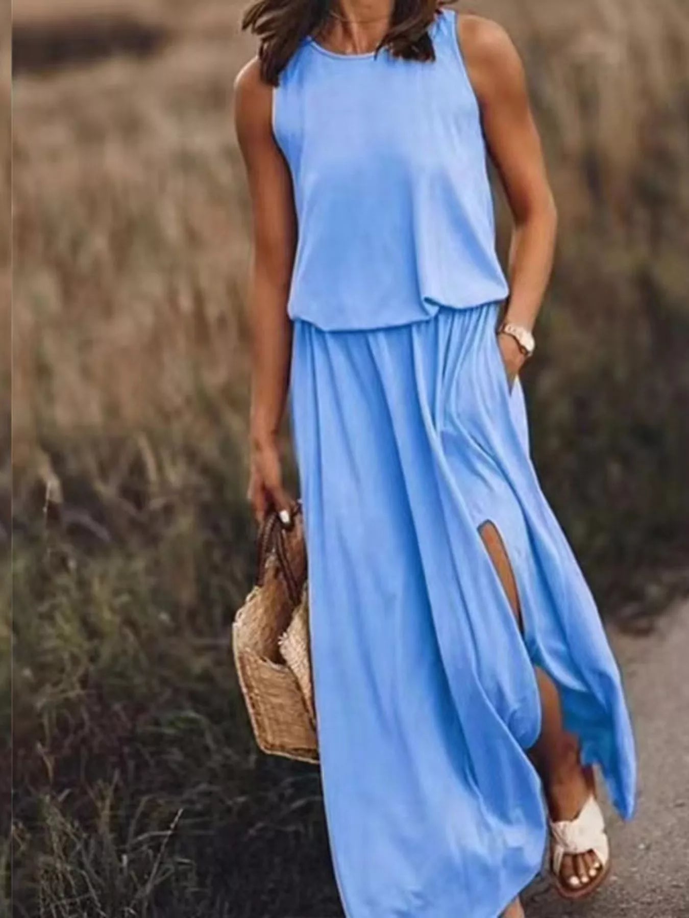 Round Neck Sleeveless Slit Maxi Dress