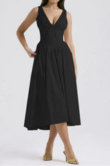 Ruched V-Neck Sleeveless Dress with Pockets