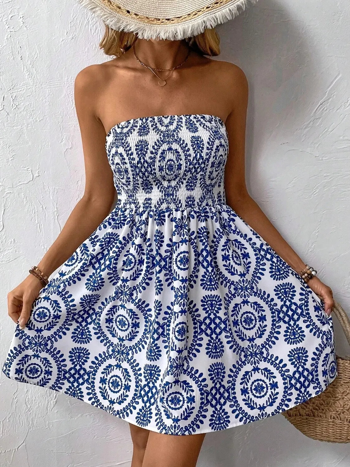 Smocked Printed Tube Mini Dress