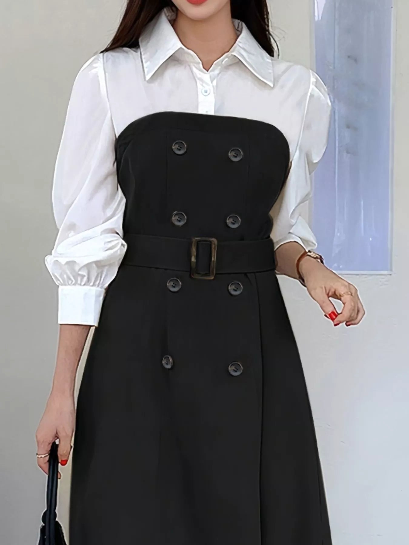 Two Tone Long Sleeve Collared Neck Dress