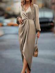 High-Low Surplice Balloon Sleeve Midi Dress