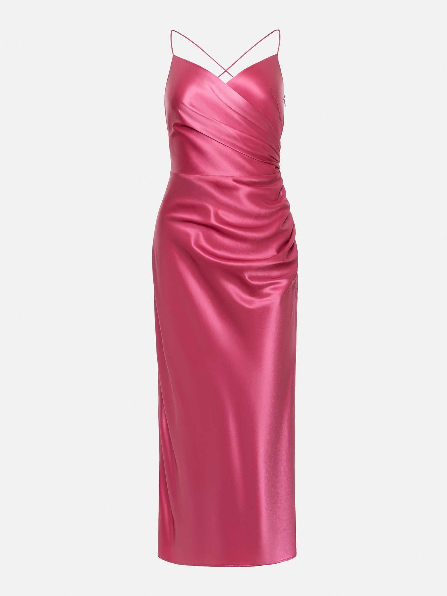 Satin V-neck Side Gathered Dress