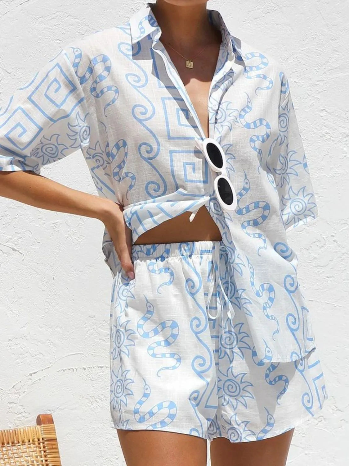 Printed Button Up Top and Shorts Set