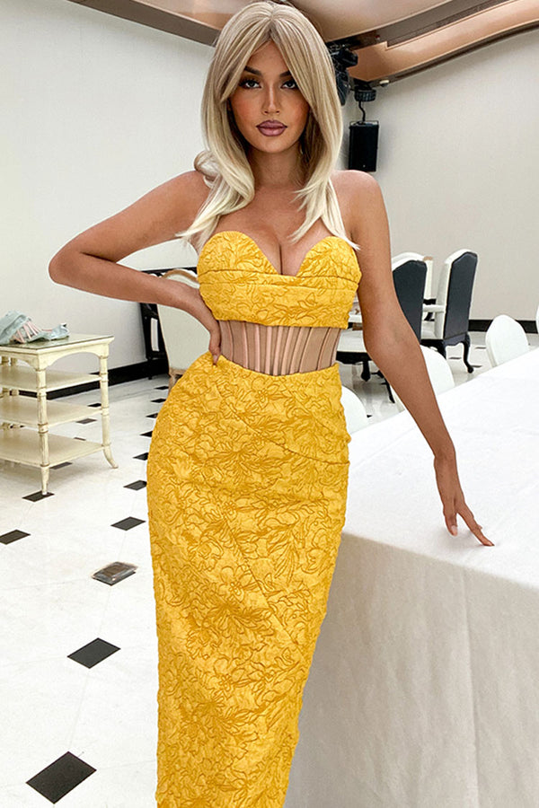Textured Strapless Sweetheart Neck Slit Dress