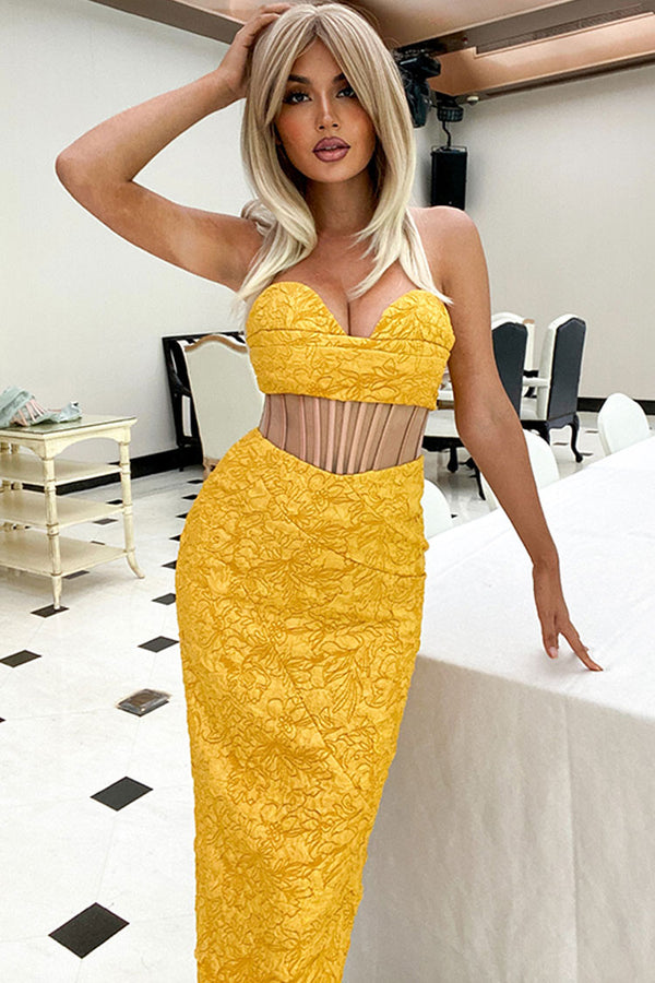 Textured Strapless Sweetheart Neck Slit Dress