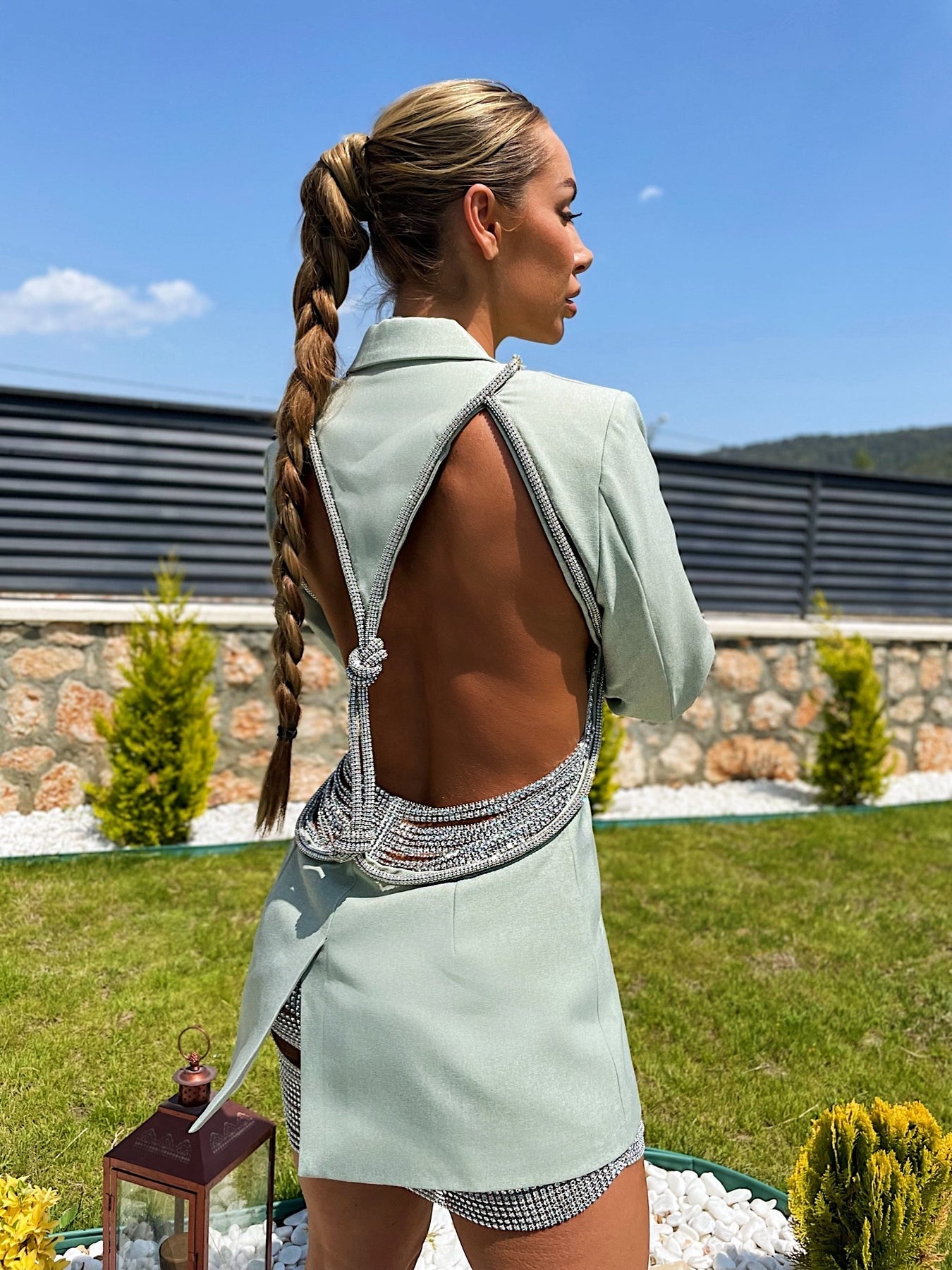 Rehina Rhinestone Backless Blazer Dress