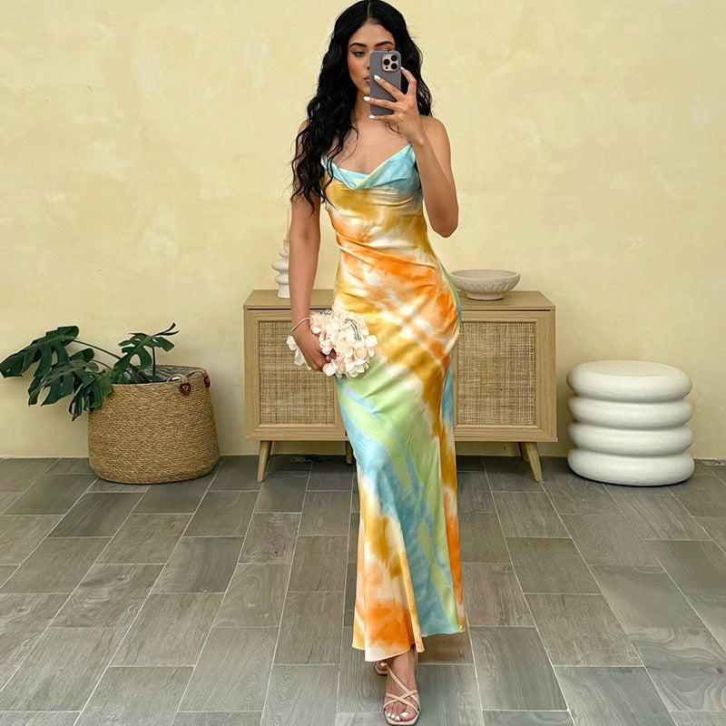 Rainbow Sling V-Neck Backless Dress