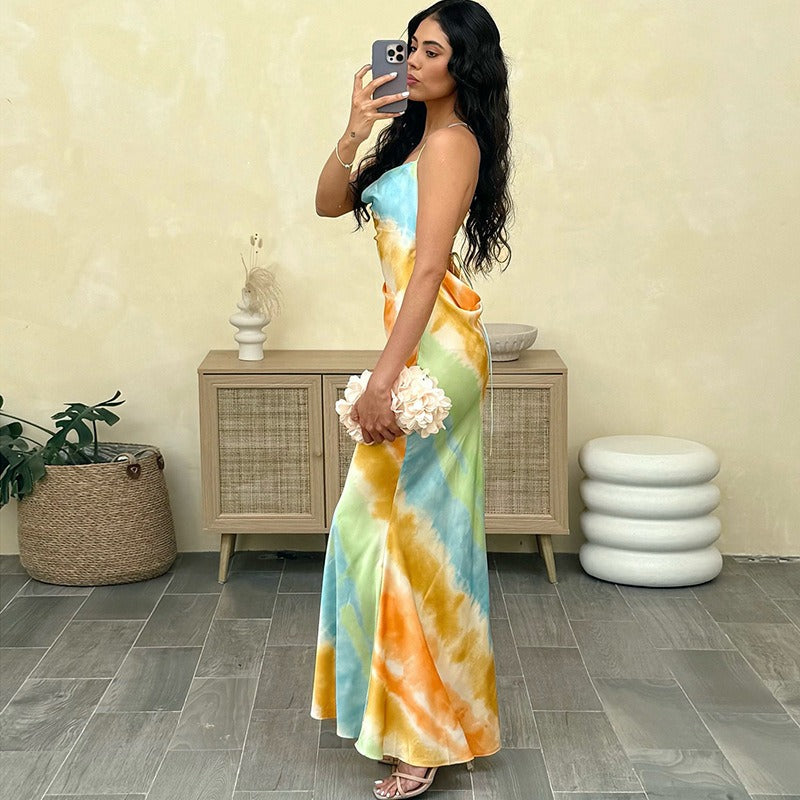Rainbow Sling V-Neck Backless Dress