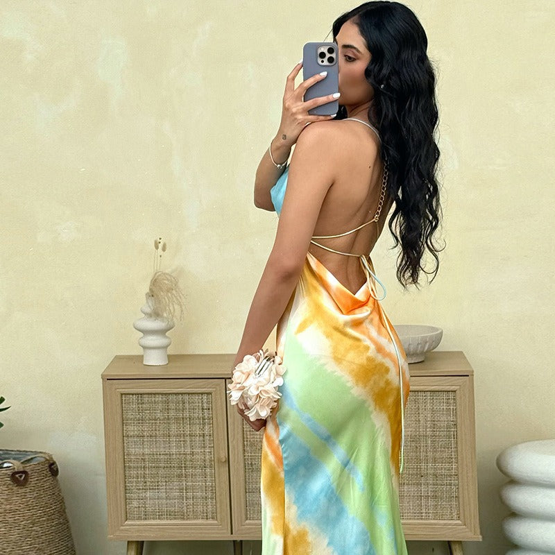 Rainbow Sling V-Neck Backless Dress
