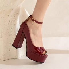 Black High Block Heel Platform Open Toe Chunky Sandals with Ankle Strap