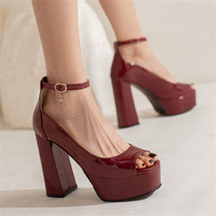 Black High Block Heel Platform Open Toe Chunky Sandals with Ankle Strap