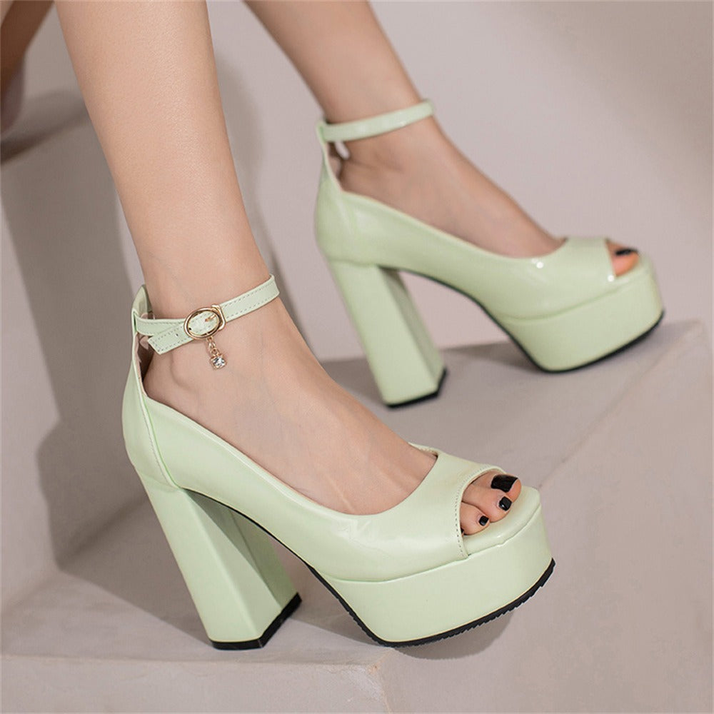 Black High Block Heel Platform Open Toe Chunky Sandals with Ankle Strap
