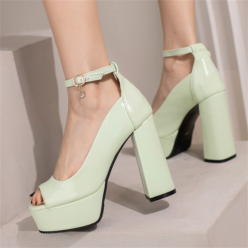 Black High Block Heel Platform Open Toe Chunky Sandals with Ankle Strap