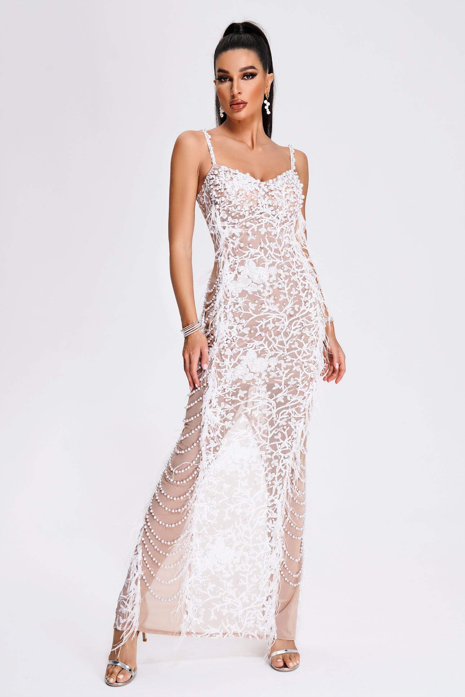 Salenia Feather Beaded Banquet Evening Dress