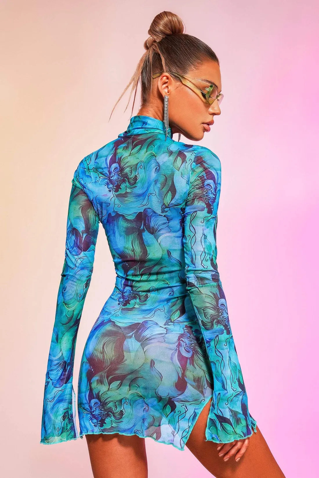 Mesh Round Neck Bell Sleeve Mini Dress