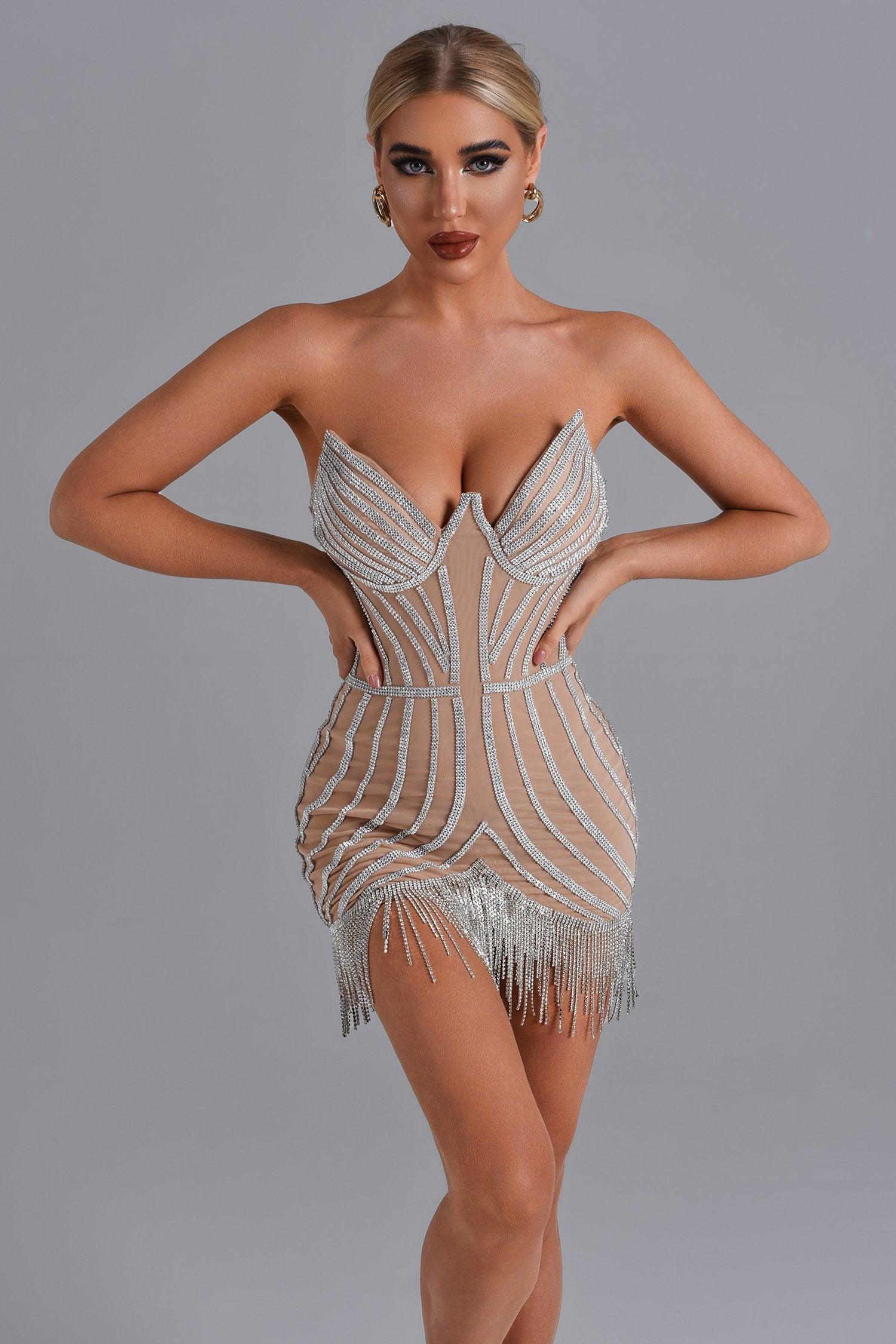 Diamonds Tassels See-through Mesh Dress