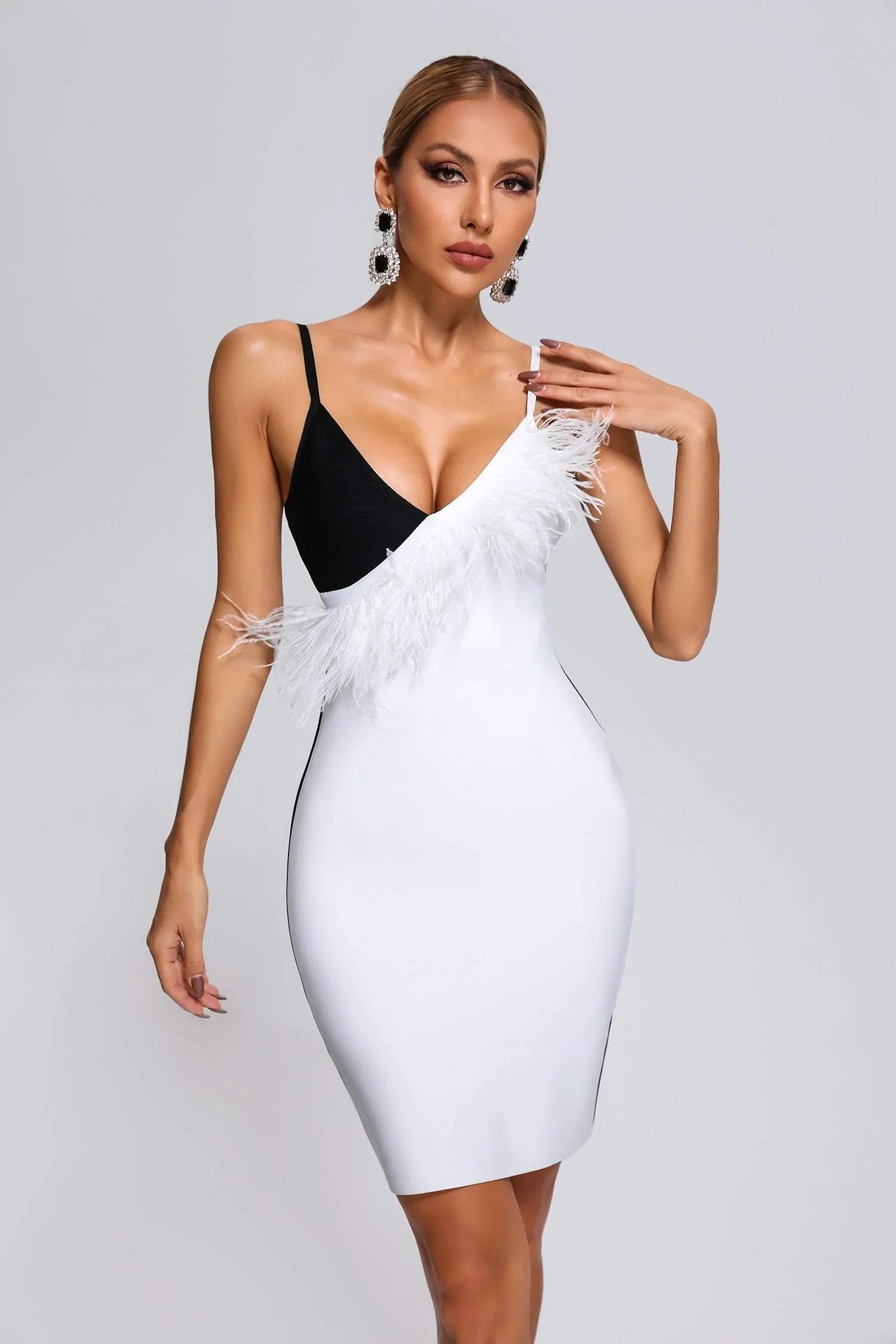 Pola Feather Mini Bandage Dress-White