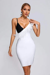 Pola Feather Mini Bandage Dress-White