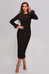 Alyia Sequin Feather Midi Dress