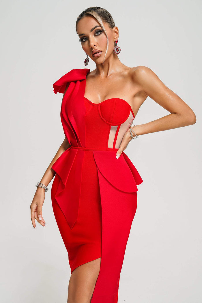 Irregular one-shoulder bow knot Midi Dress
