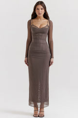 Mesh Stitching Lace Mid-length Dress-Gray