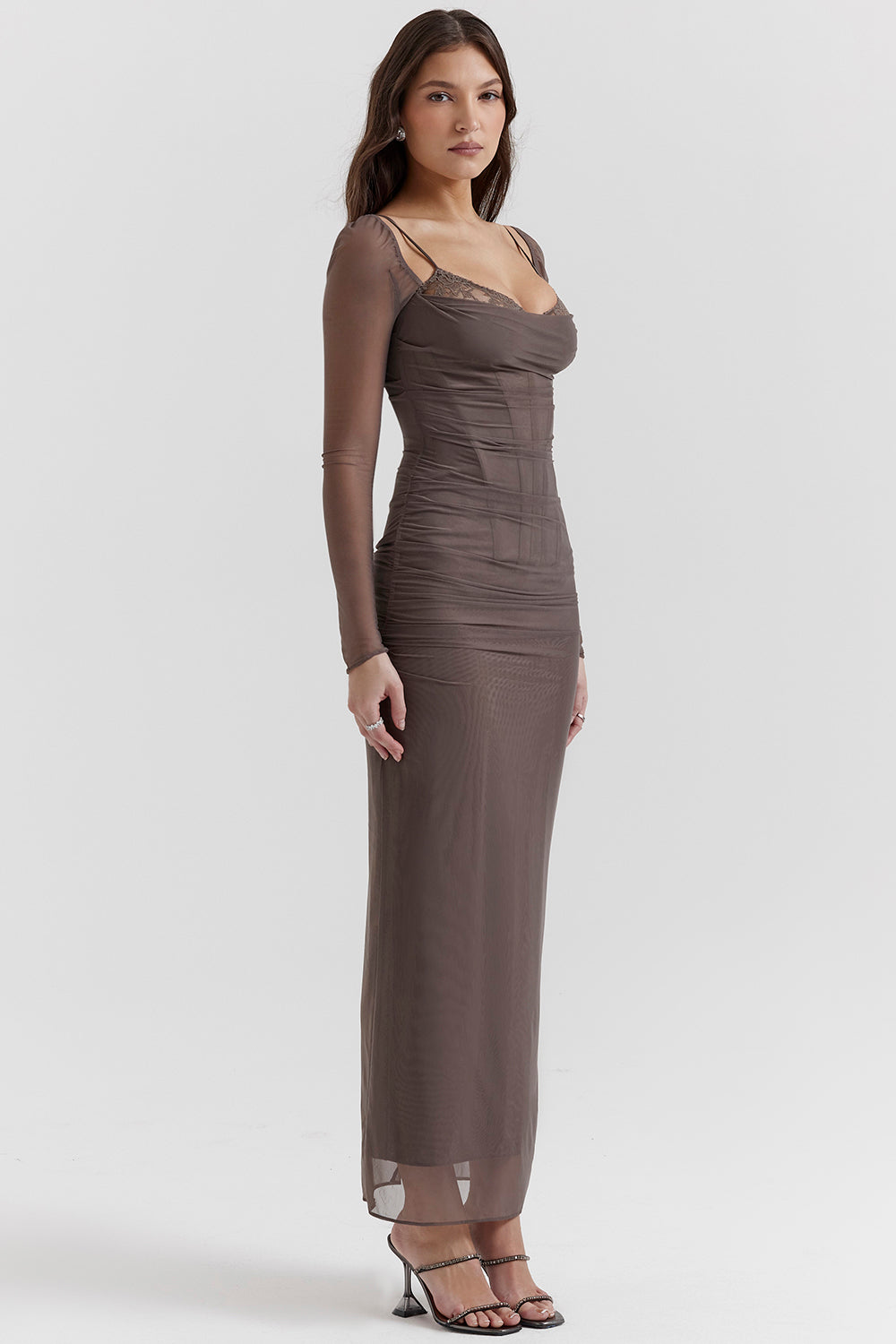 Mesh Stitching Lace Mid-length Dress-Pink