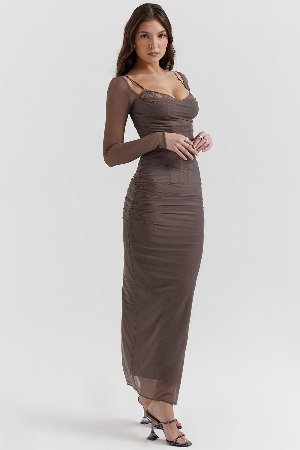 Mesh Stitching Lace Mid-length Dress-Pink