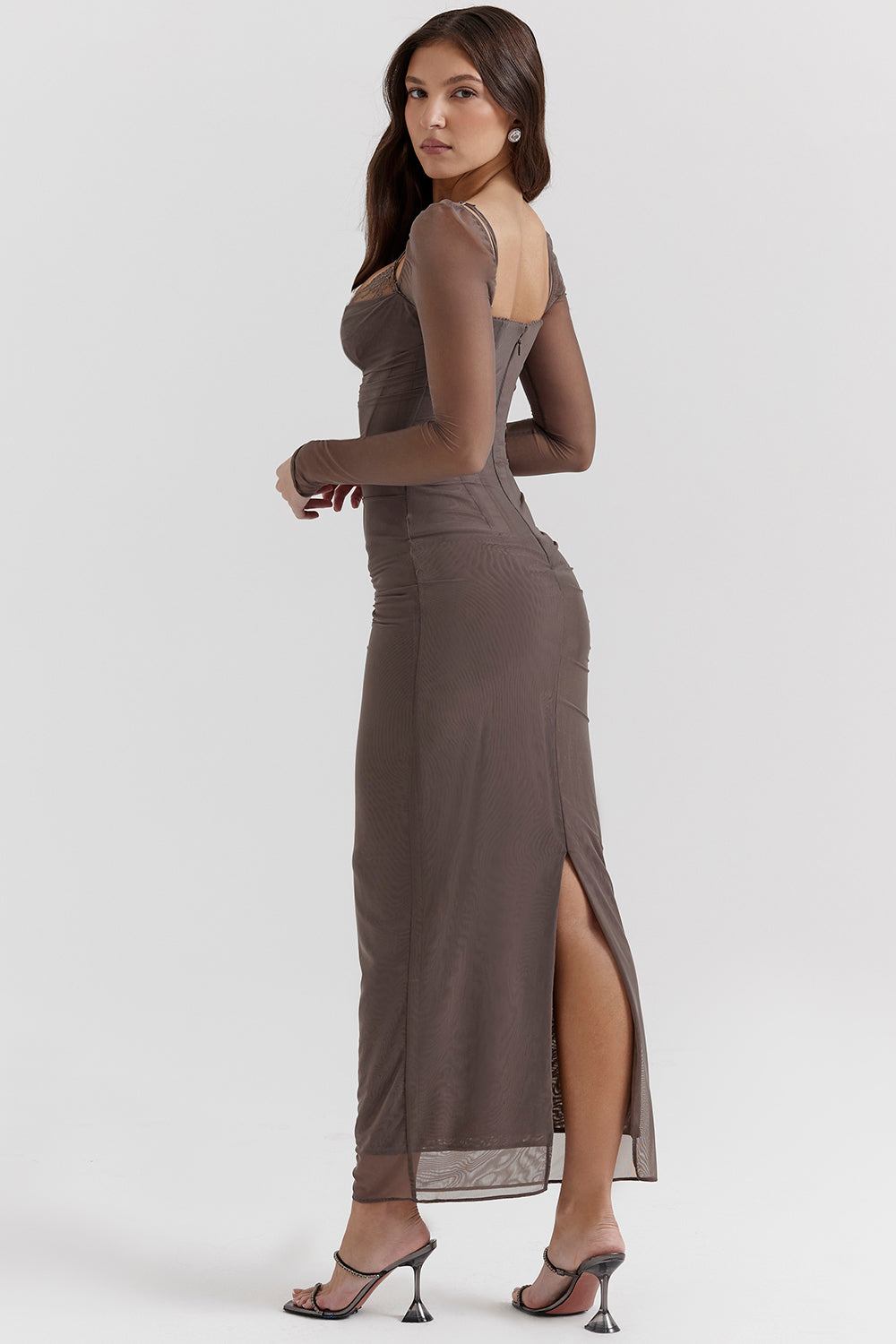 Mesh Stitching Lace Mid-length Dress-Pink
