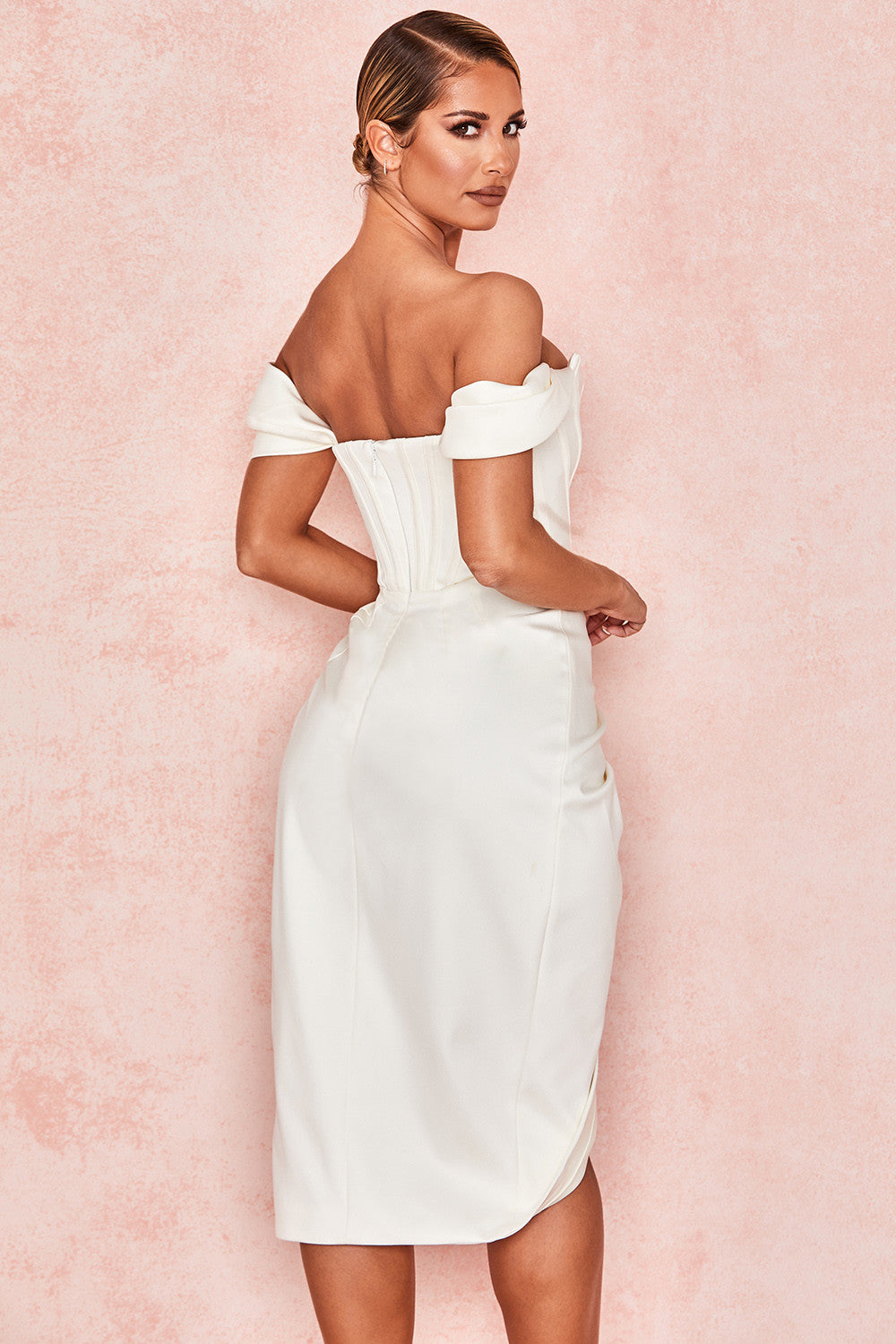 LEMIYA IVORY SATIN OFF SHOULDER DRESS-WHITE