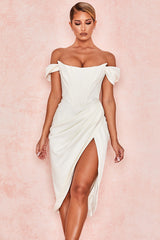 LEMIYA IVORY SATIN OFF SHOULDER DRESS-WHITE