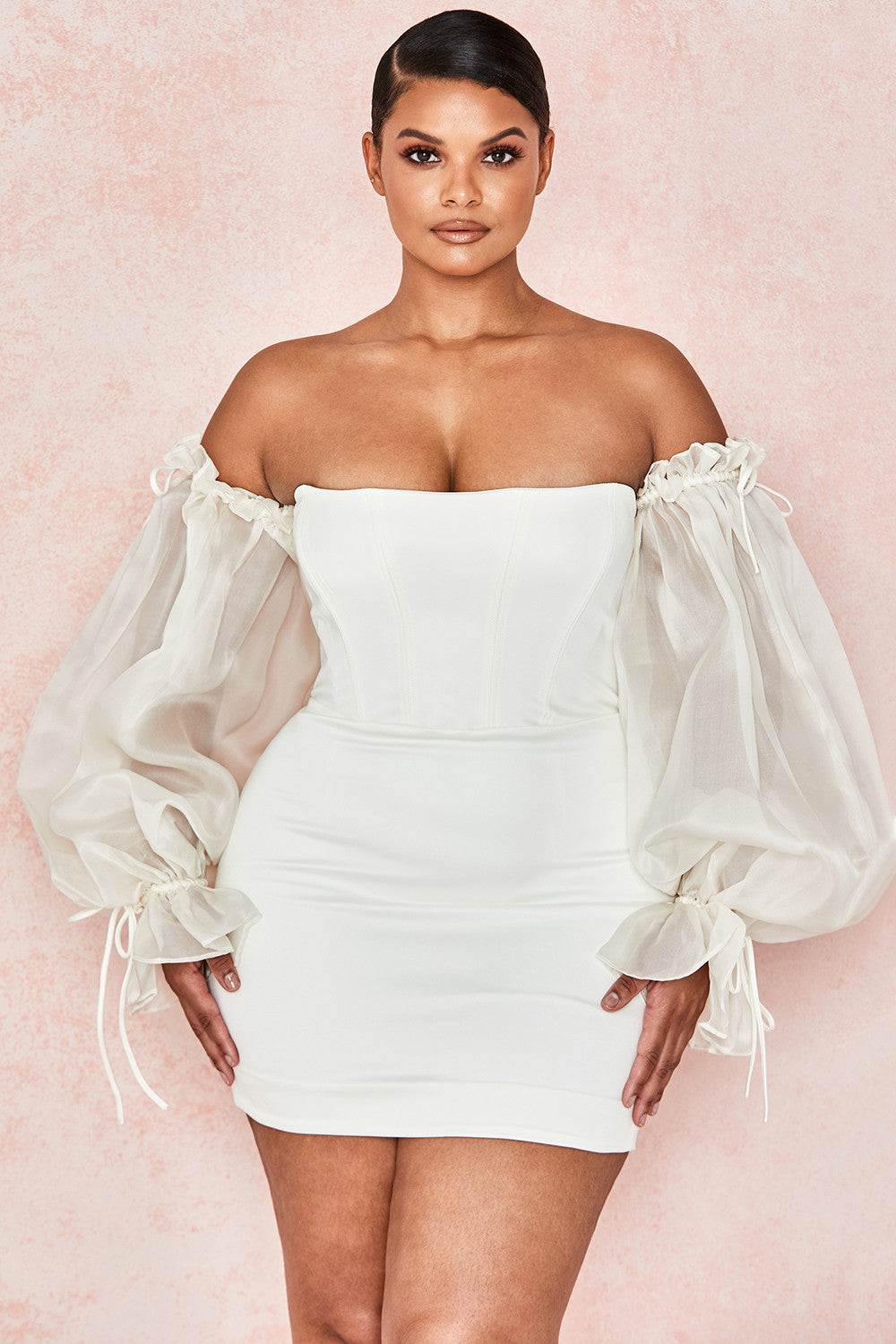 OFF-SHOULDER SATIN CORSET DRESS